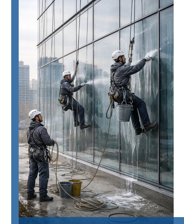 Промышленная мойка панорамных окон на высоте в Удомле