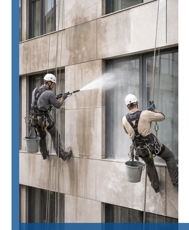 Послестроительная мойка фасада промышленным альпинизмом в Удомле