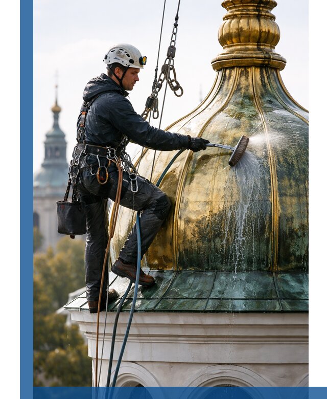 Профессиональная мойка куполов и шпилей высотными альпинистами в Удомле