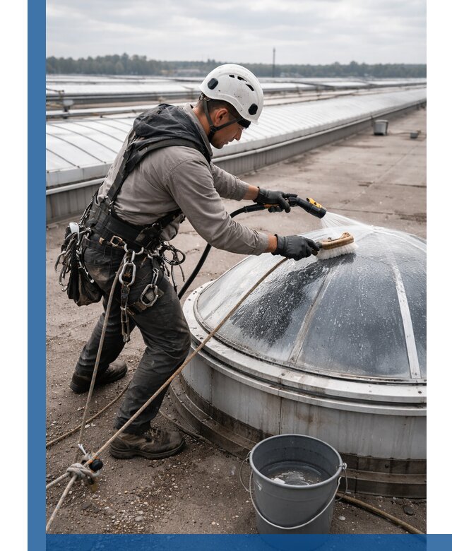 Мойка зенитных фонарей на кровле для промышленных объектов в Удомле