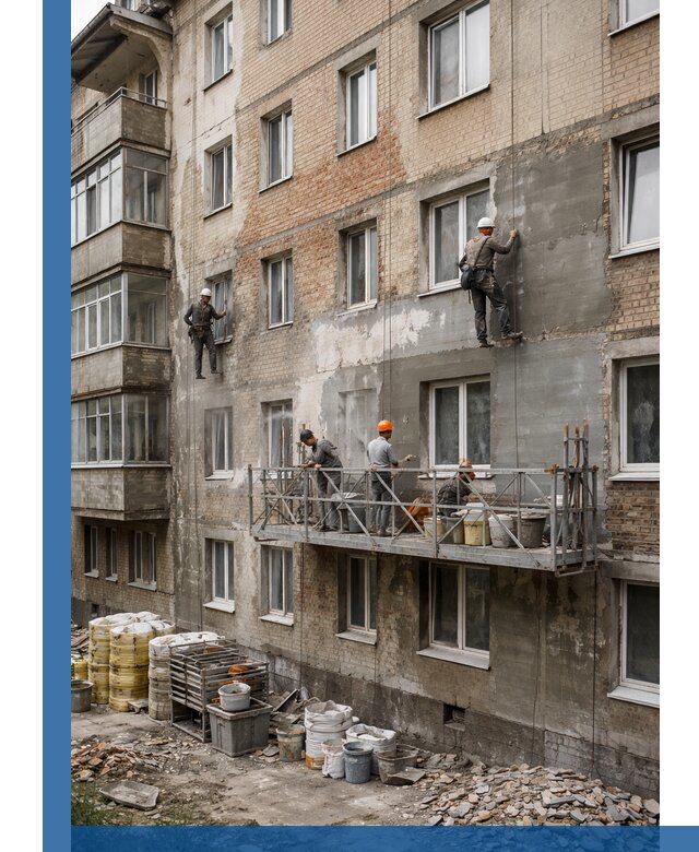 Капитальный ремонт фасада в Удомле с восстановлением и гидроизоляцией