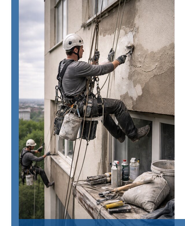 Косметический ремонт фасада зданий в Удомле промышленными альпинистами