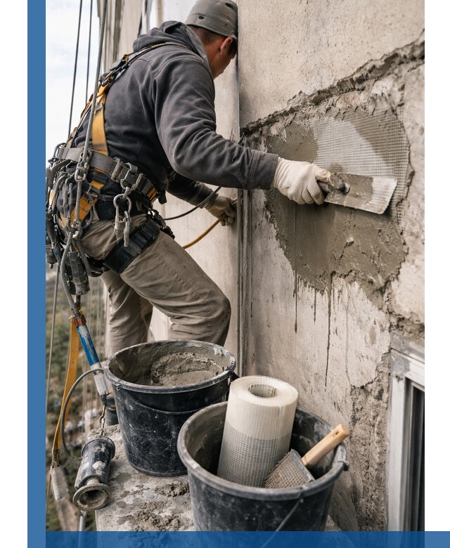 Ремонт бетонных элементов фасада промышленными альпинистами в Удомле