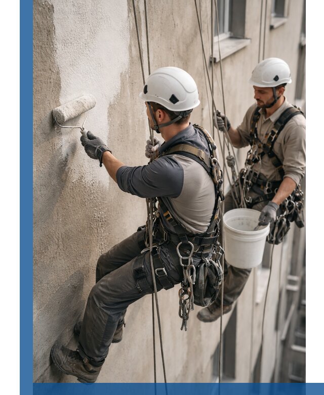 Грунтовка фасада на высоте в Удомле промышленными альпинистами