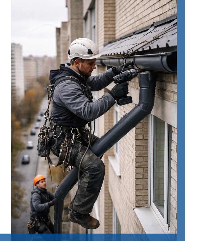 Монтаж водосточной системы на здании в Удомле от 5195 р. | ВЫСОТНИК-Дмл