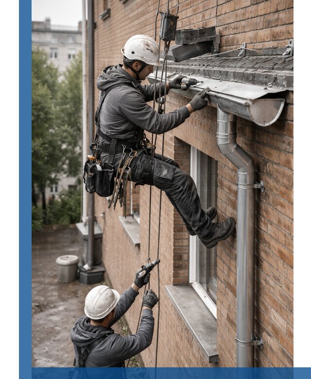 Монтаж водосточной системы на здании в Удомле под ключ