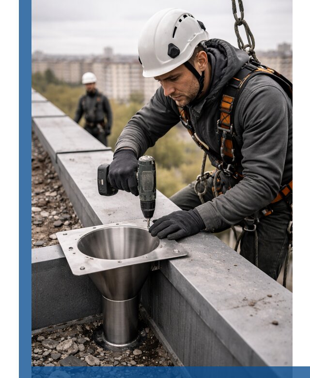 Монтаж водосточных воронок в Удомле для промышленных зданий