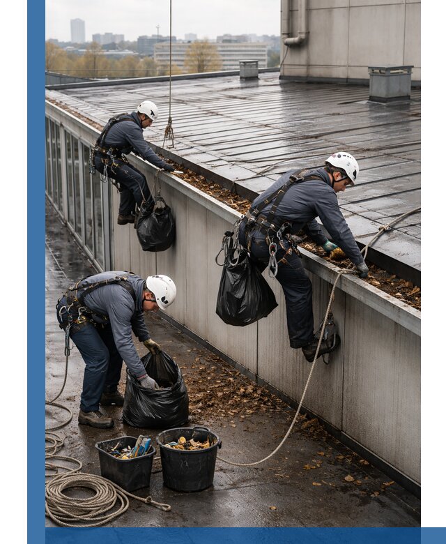 Очистка кровли по периметру в Удомле силами промышленных альпинистов