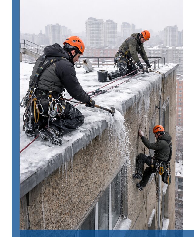 Удаление наледи с кровли в Удомле промышленными альпинистами