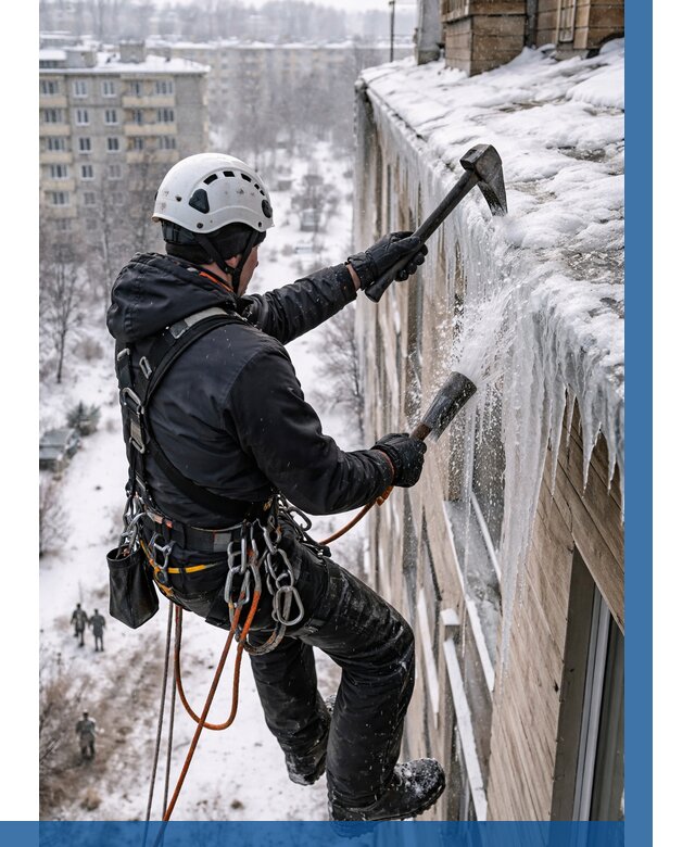 Сбивание сосулек с крыши в Удомле по цене от 4675 р. | ВЫСОТНИК-Дмл