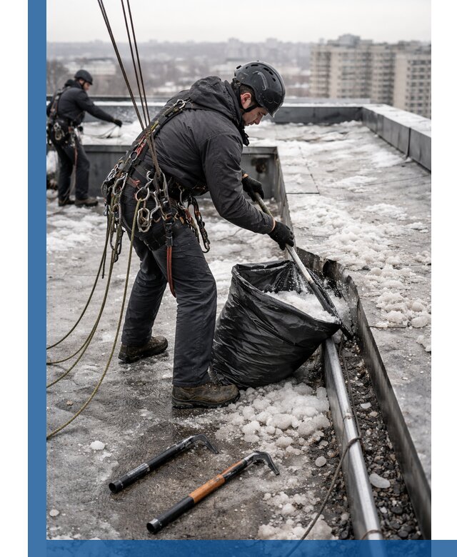 Аварийная очистка кровли в Удомле от промальпинистов