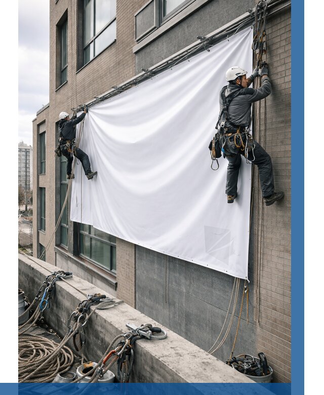 Монтаж баннеров на фасаде в Удомле от 675 р. заказать ВЫСОТНИК-Дмл