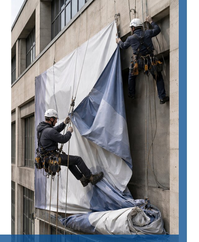 Демонтаж баннеров с фасада в Удомле от 4675 р. | ВЫСОТНИК-Дмл