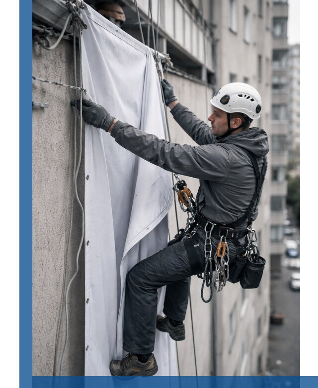 Замена баннерного полотна промышленными альпинистами в Удомле