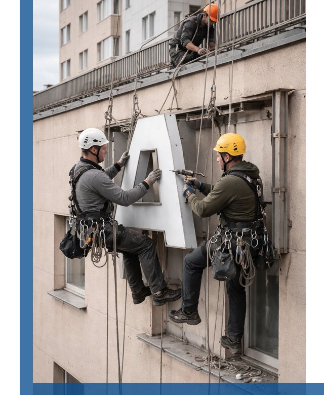 Ремонт и восстановление наружных вывесок на высоте в Удомле
