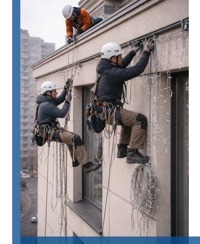 Монтаж праздничных гирлянд на фасаде в Удомле для зданий