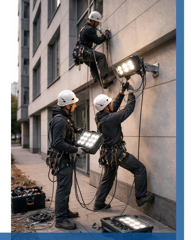 Монтаж прожекторов на фасаде в Удомле от 7792 р. | ВЫСОТНИК-Дмл