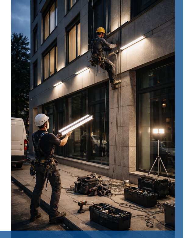 Монтаж архитектурной подсветки здания в Удомле от 2597 р.|ВЫСОТНИК-Дмл