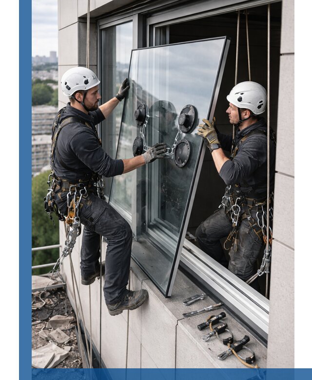 Замена стеклопакетов на высоте с промышленными альпинистами в Удомле