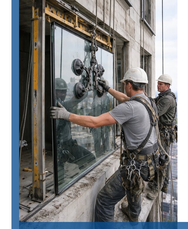 Монтаж стеклопакетов на высоте в Удомле с промышленным альпинизмом