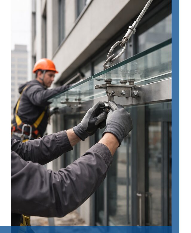 Монтаж стеклянных козырьков в Удомле от 8831 р. | ВЫСОТНИК-Дмл