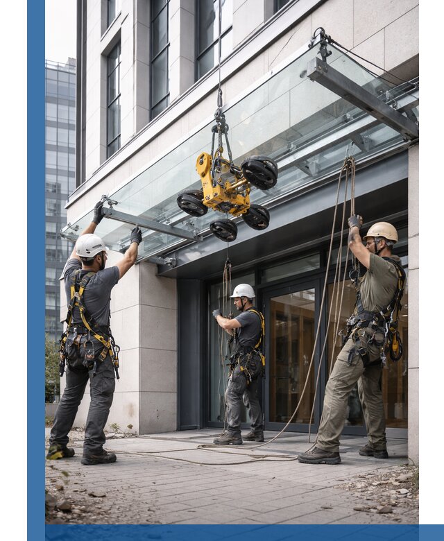 Монтаж стеклянных козырьков под ключ в Удомле для зданий