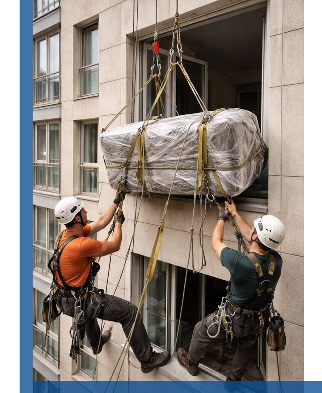 Подъем грузов через окно в Удомле промышленными альпинистами