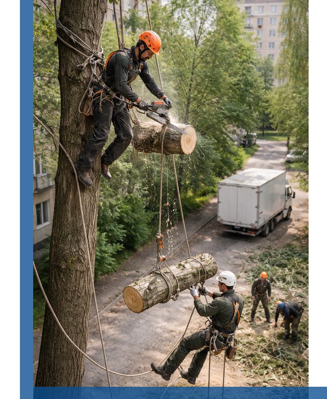 Спил деревьев альпинистами в Удомле, безопасно и без повреждений
