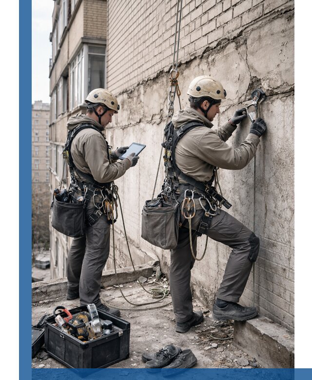 Обследование фасада промышленными альпинистами в Удомле