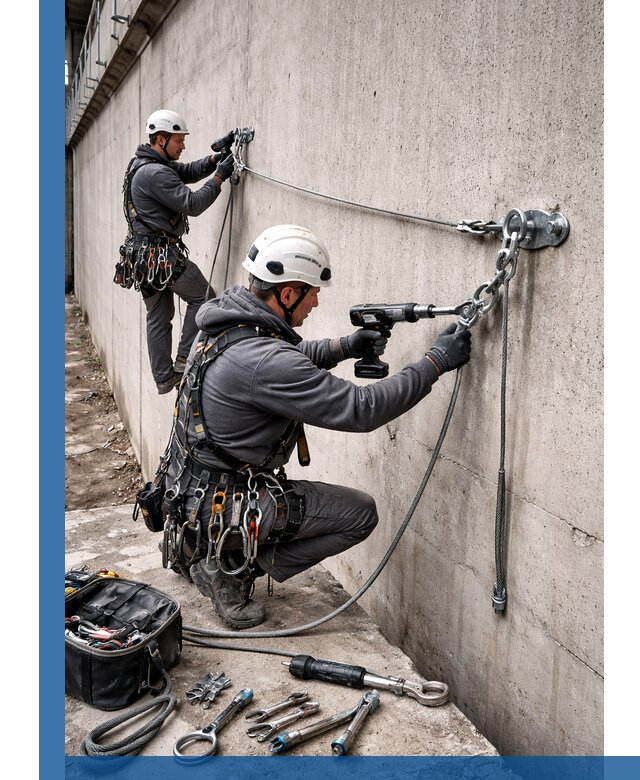 Монтаж анкерных линий высотной безопасности в Удомле